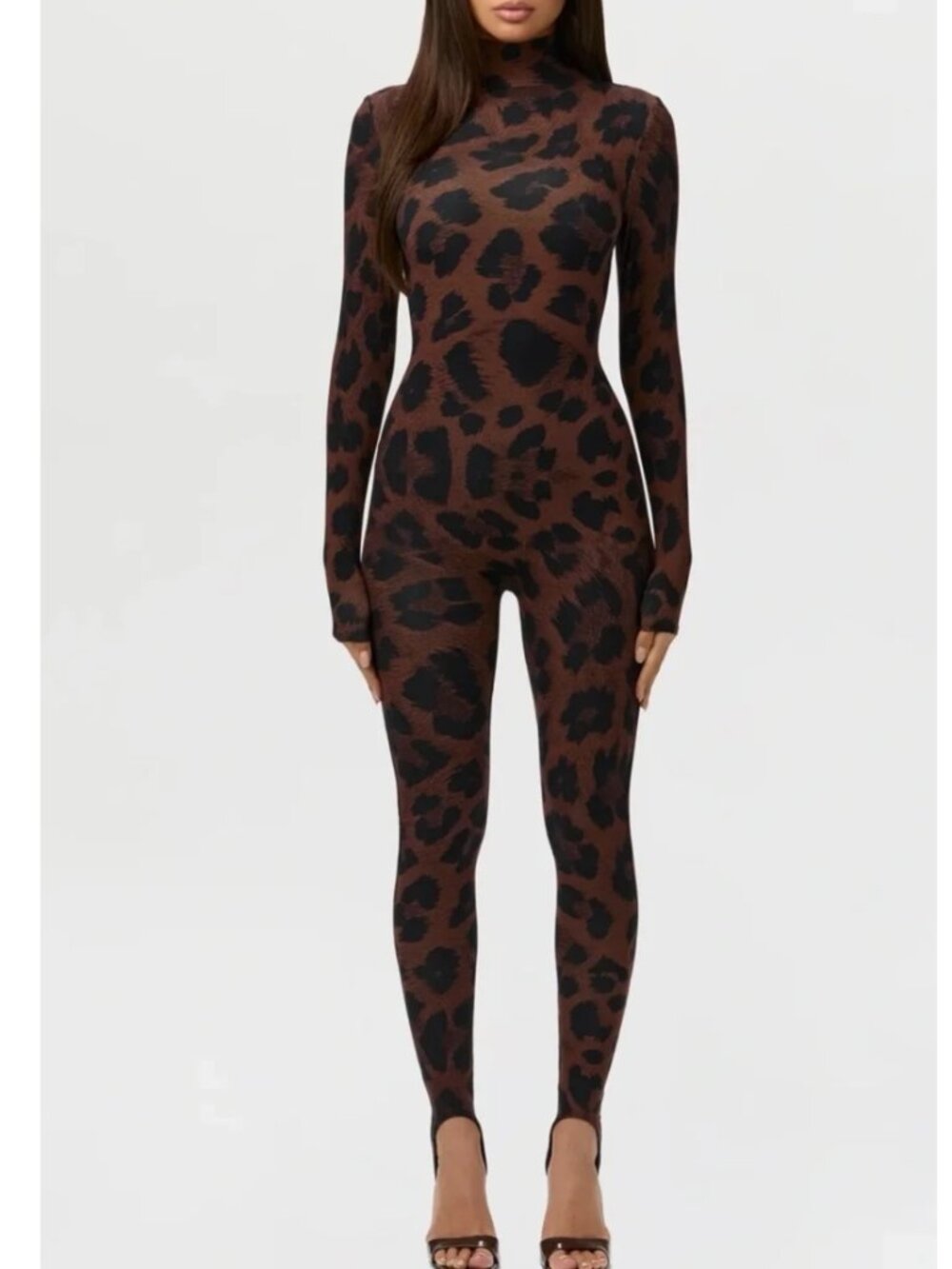 Naked Wardrobe Naked Print Stirrup Jumpsuit Brown Leopard Bodycon Size XL NWOT
